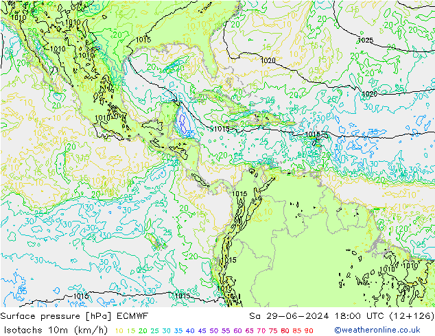 Isotachen (km/h) ECMWF Sa 29.06.2024 18 UTC