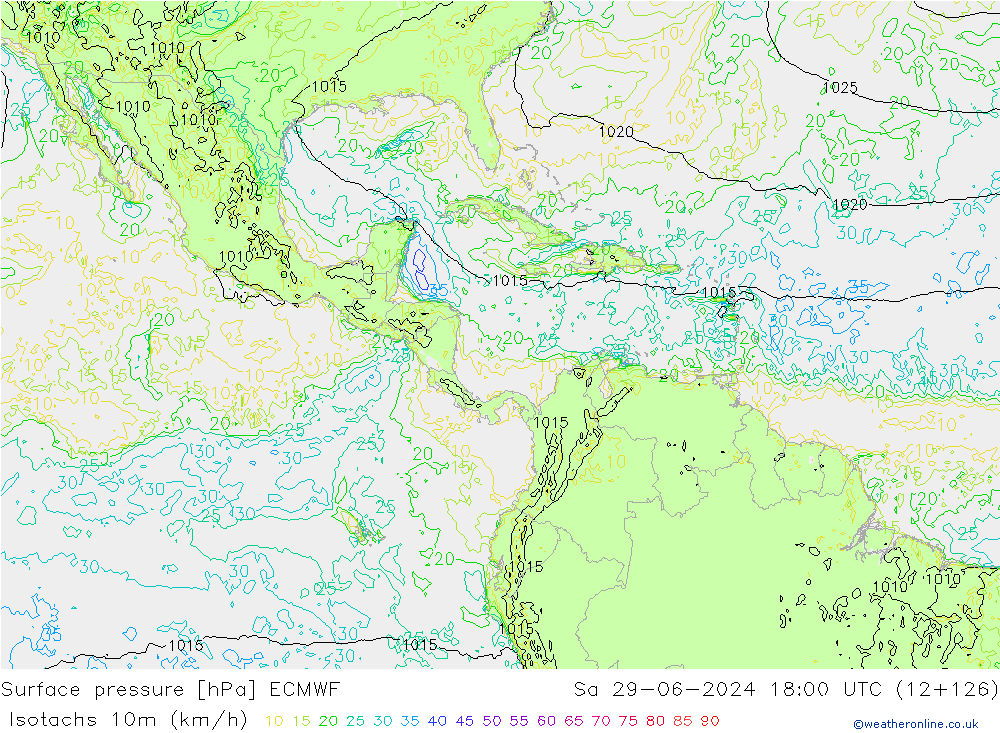 Isotaca (kph) ECMWF sáb 29.06.2024 18 UTC