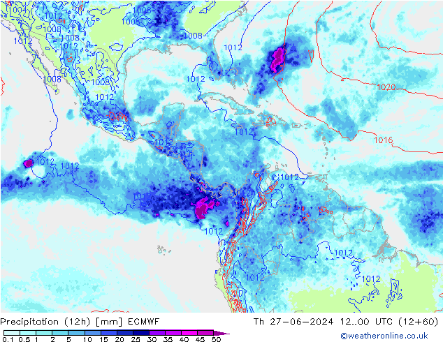 Totale neerslag (12h) ECMWF do 27.06.2024 00 UTC