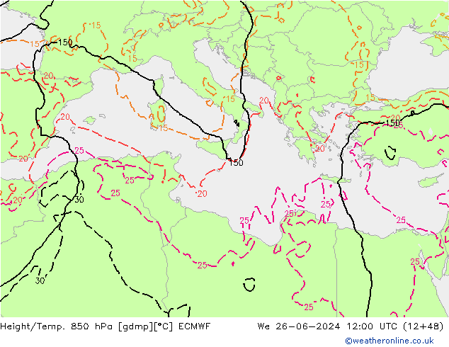 Z500/Yağmur (+YB)/Z850 ECMWF Çar 26.06.2024 12 UTC