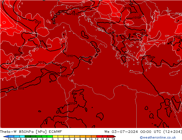 Theta-W 850hPa ECMWF śro. 03.07.2024 00 UTC