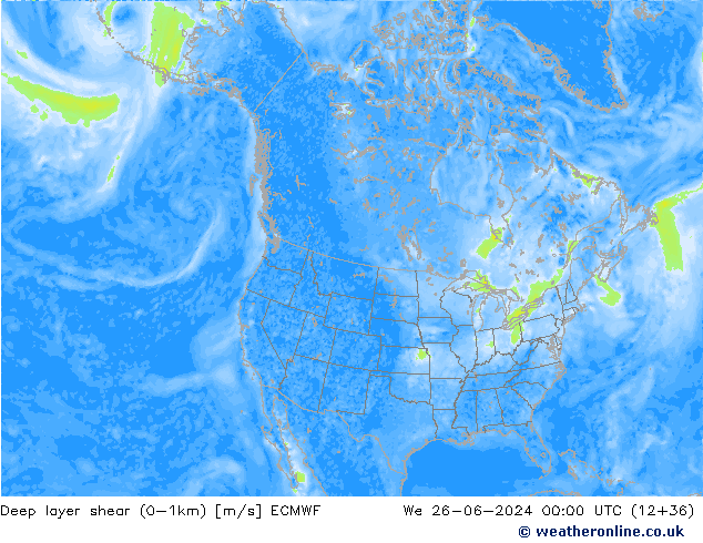 Deep layer shear (0-1km) ECMWF mer 26.06.2024 00 UTC