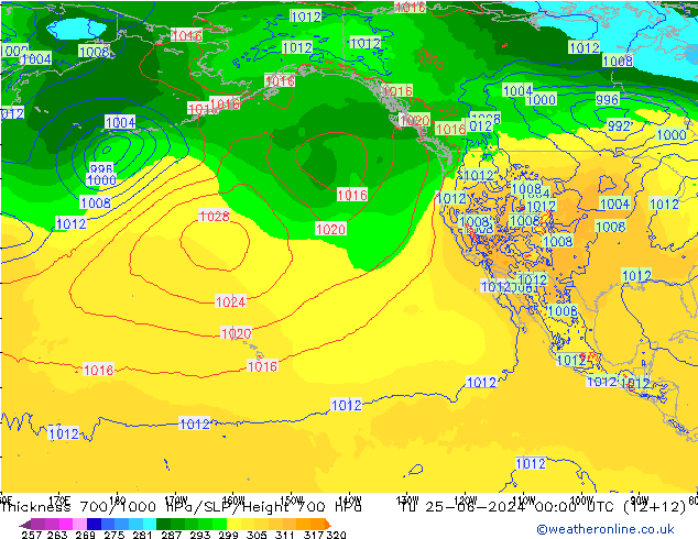 Espesor 700-1000 hPa ECMWF mar 25.06.2024 00 UTC