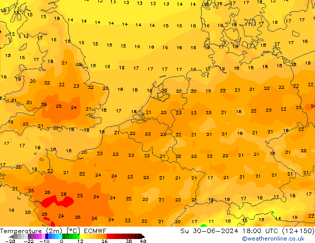 Temperature (2m) ECMWF Su 30.06.2024 18 UTC