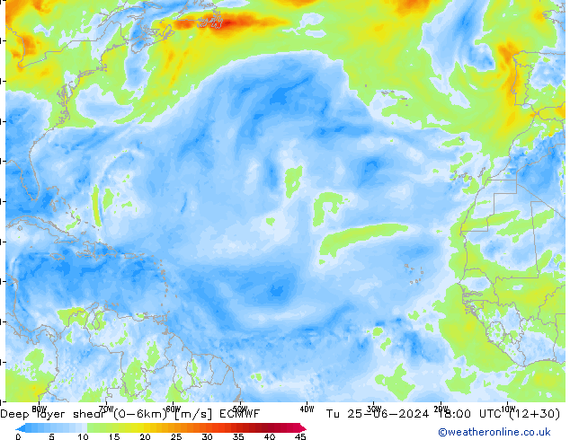 Deep layer shear (0-6km) ECMWF Sa 25.06.2024 18 UTC