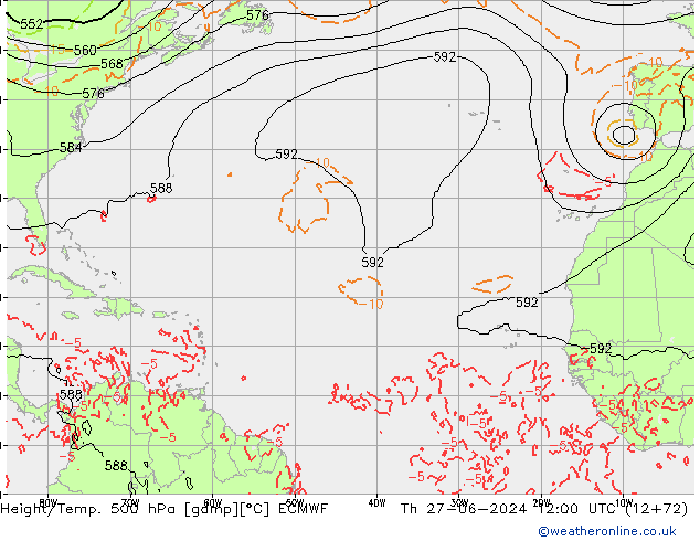 Z500/Rain (+SLP)/Z850 ECMWF jue 27.06.2024 12 UTC