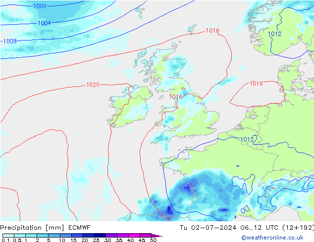 Srážky ECMWF Út 02.07.2024 12 UTC