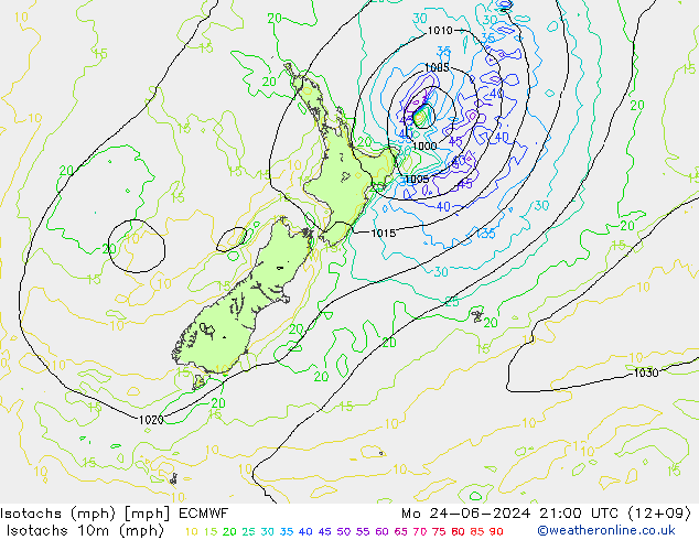 Isotachs (mph) ECMWF Mo 24.06.2024 21 UTC