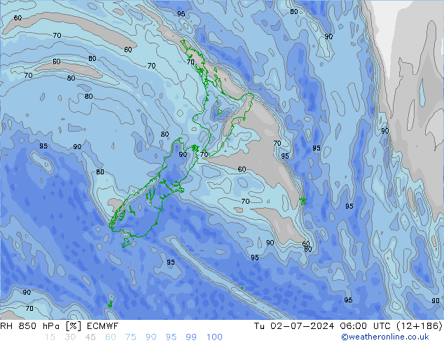 RH 850 гПа ECMWF вт 02.07.2024 06 UTC