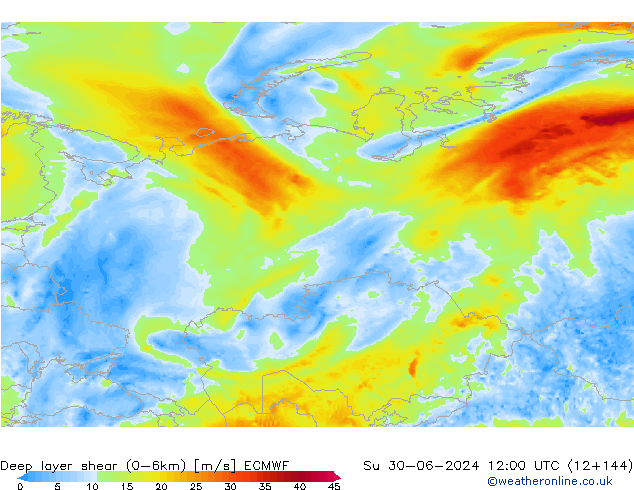 Deep layer shear (0-6km) ECMWF dom 30.06.2024 12 UTC