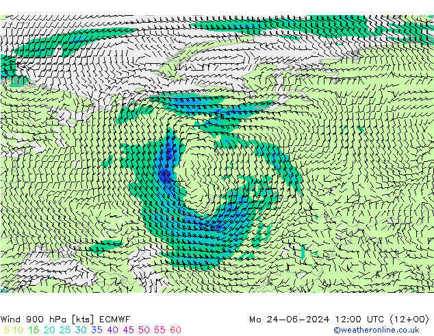 Vento 900 hPa ECMWF lun 24.06.2024 12 UTC