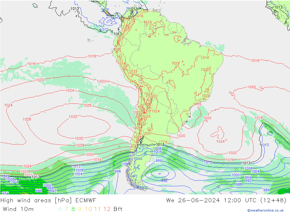 High wind areas ECMWF mer 26.06.2024 12 UTC