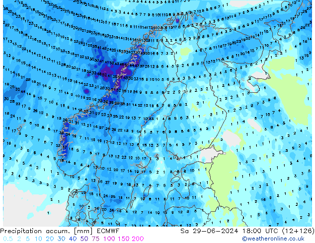 Precipitación acum. ECMWF sáb 29.06.2024 18 UTC