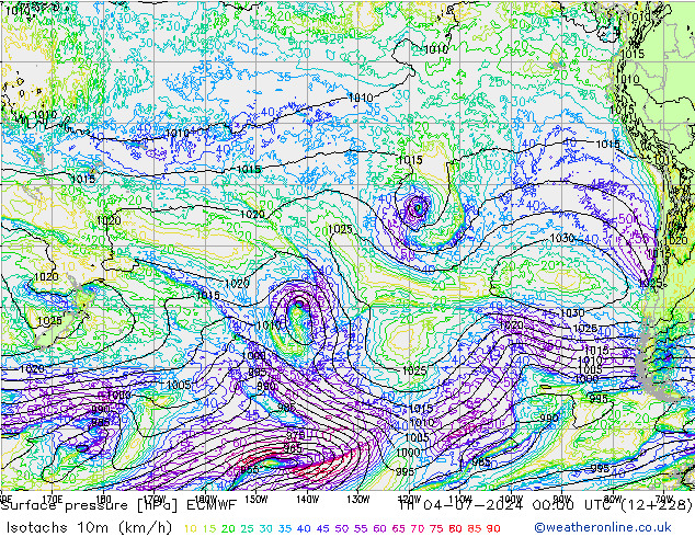 Izotacha (km/godz) ECMWF czw. 04.07.2024 00 UTC