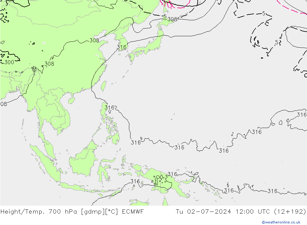 Height/Temp. 700 hPa ECMWF Tu 02.07.2024 12 UTC