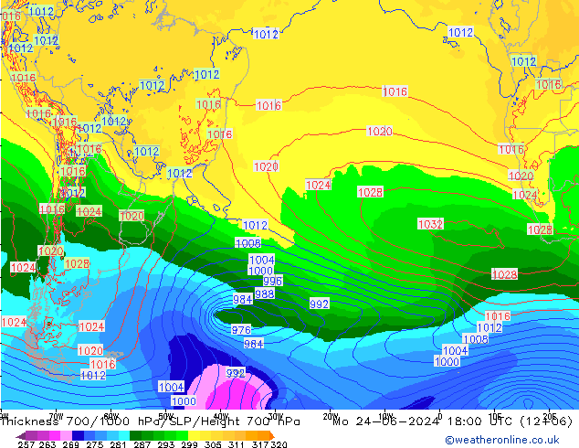 Thck 700-1000 гПа ECMWF пн 24.06.2024 18 UTC