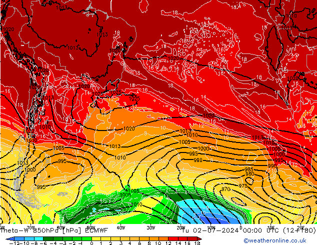 Theta-W 850hPa ECMWF Tu 02.07.2024 00 UTC