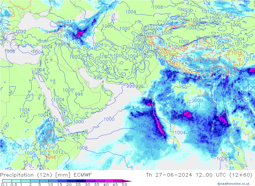 осадки (12h) ECMWF чт 27.06.2024 00 UTC