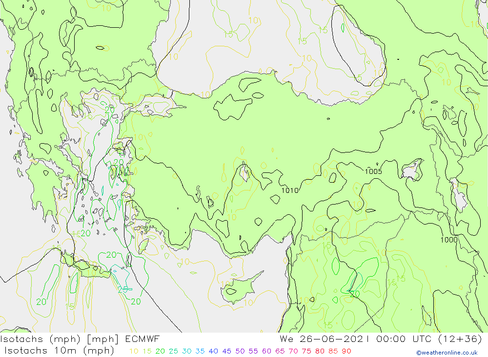 Isotachen (mph) ECMWF Mi 26.06.2024 00 UTC