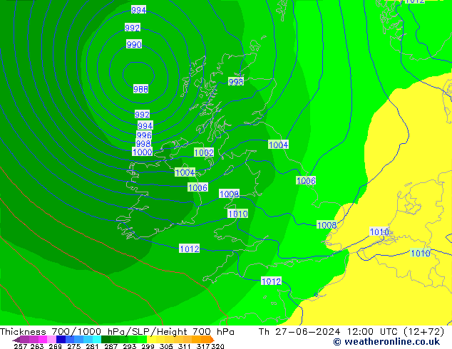 Thck 700-1000 гПа ECMWF чт 27.06.2024 12 UTC