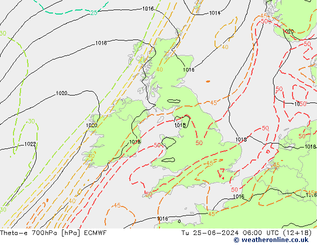 Theta-e 700hPa ECMWF  25.06.2024 06 UTC