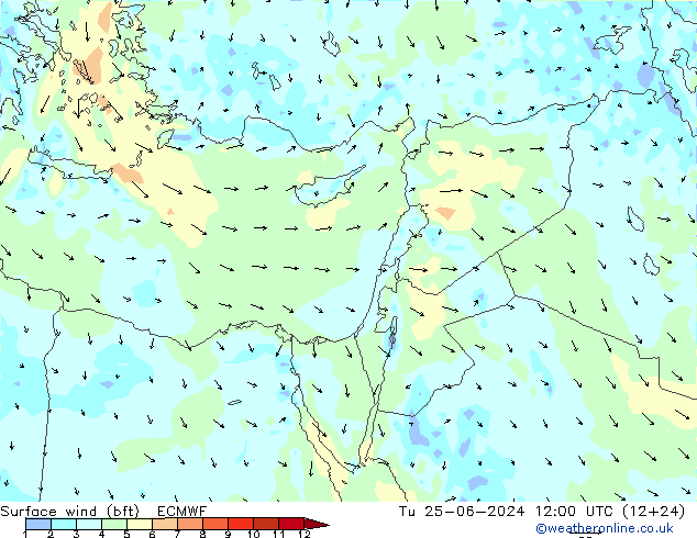 Vento 10 m (bft) ECMWF mar 25.06.2024 12 UTC