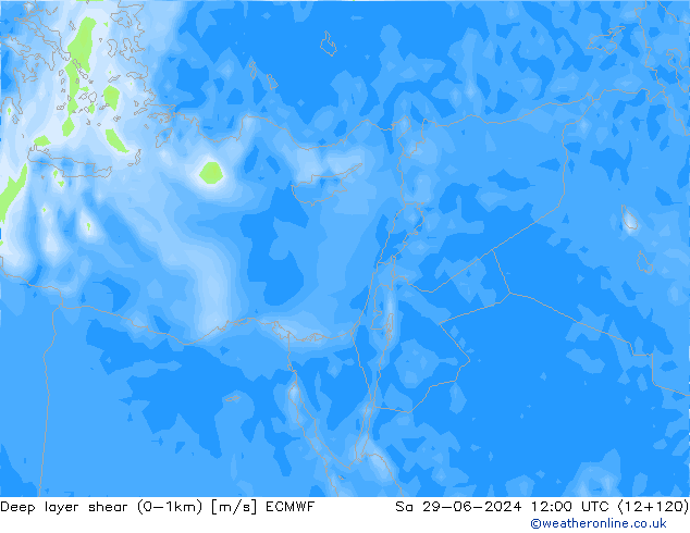Deep layer shear (0-1km) ECMWF Sa 29.06.2024 12 UTC