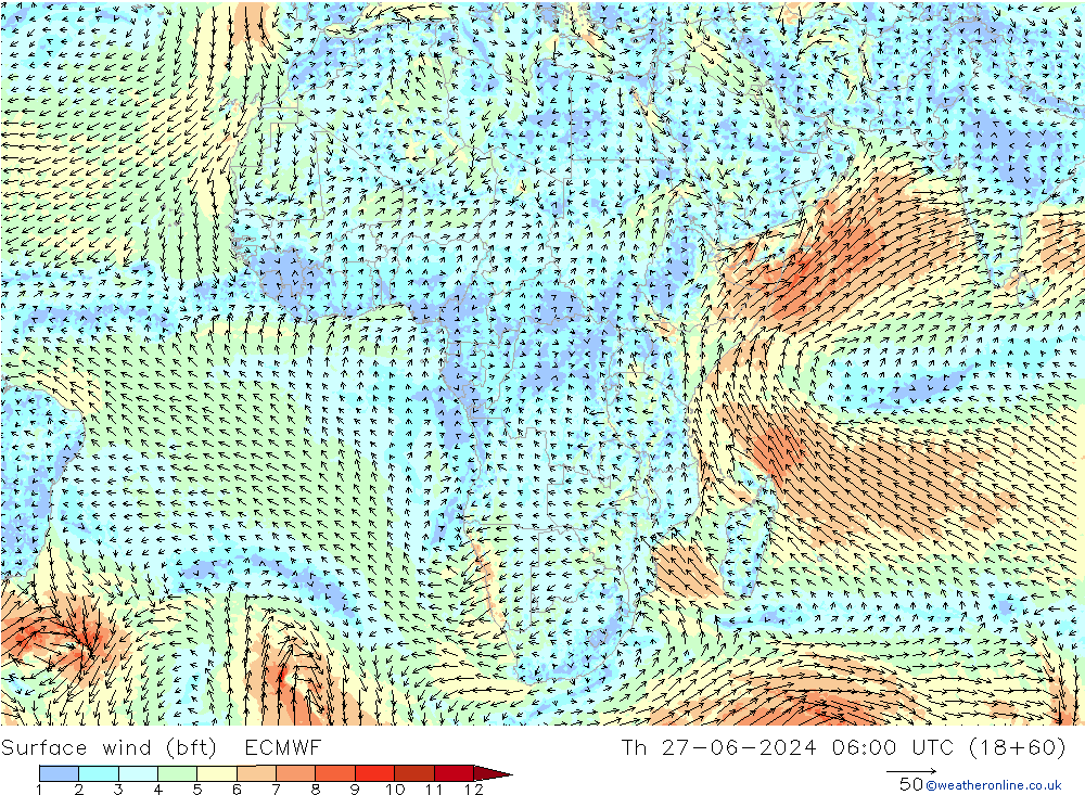 Vento 10 m (bft) ECMWF gio 27.06.2024 06 UTC