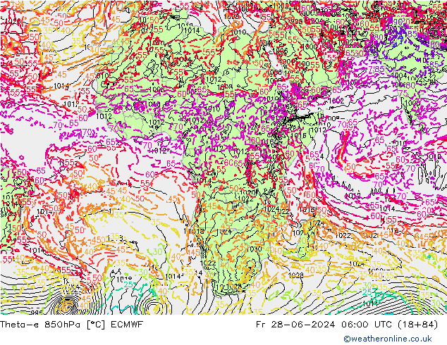 Theta-e 850hPa ECMWF Fr 28.06.2024 06 UTC