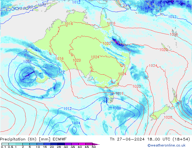 Precipitation (6h) ECMWF Th 27.06.2024 00 UTC
