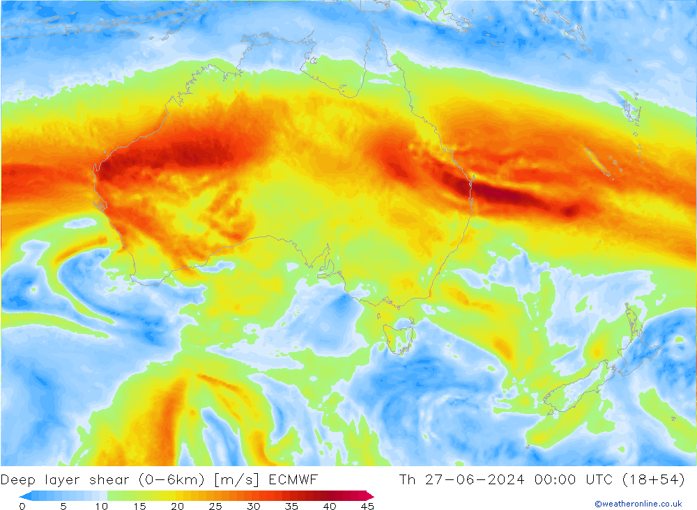 Deep layer shear (0-6km) ECMWF gio 27.06.2024 00 UTC