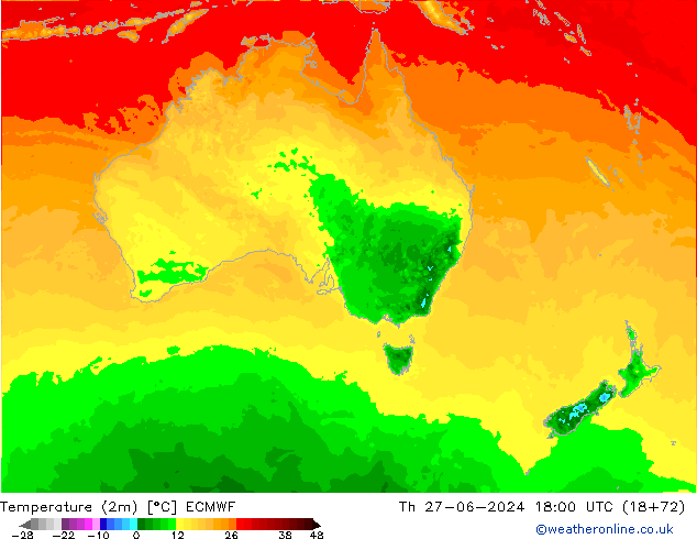 Temperatura (2m) ECMWF jue 27.06.2024 18 UTC