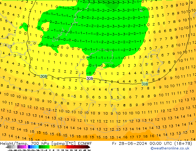 Height/Temp. 700 hPa ECMWF Fr 28.06.2024 00 UTC