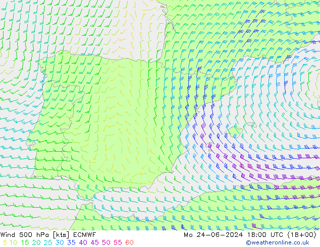 Wind 500 hPa ECMWF Mo 24.06.2024 18 UTC