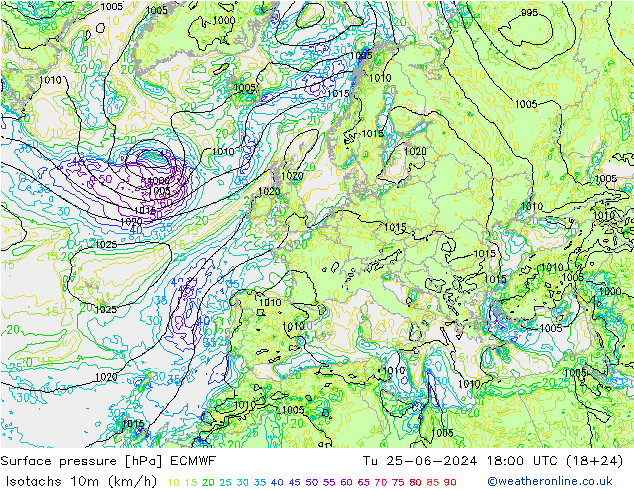 Eşrüzgar Hızları (km/sa) ECMWF Sa 25.06.2024 18 UTC