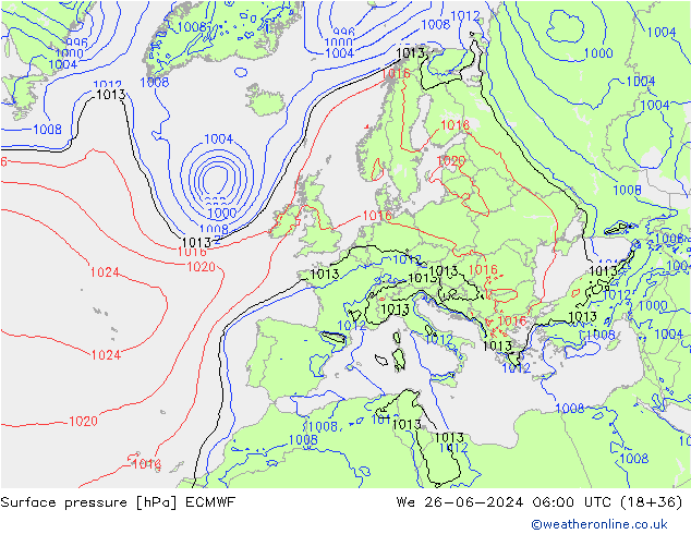 Presión superficial ECMWF mié 26.06.2024 06 UTC