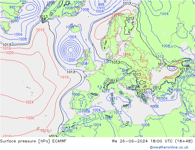 Luchtdruk (Grond) ECMWF wo 26.06.2024 18 UTC