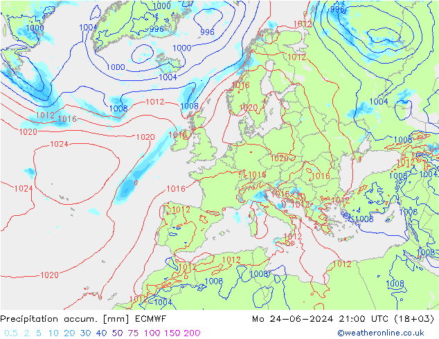 Precipitation accum. ECMWF lun 24.06.2024 21 UTC