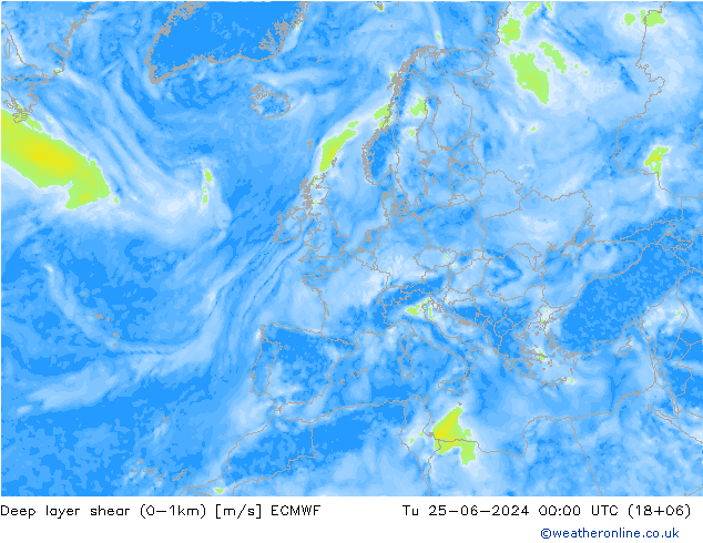 Deep layer shear (0-1km) ECMWF mar 25.06.2024 00 UTC