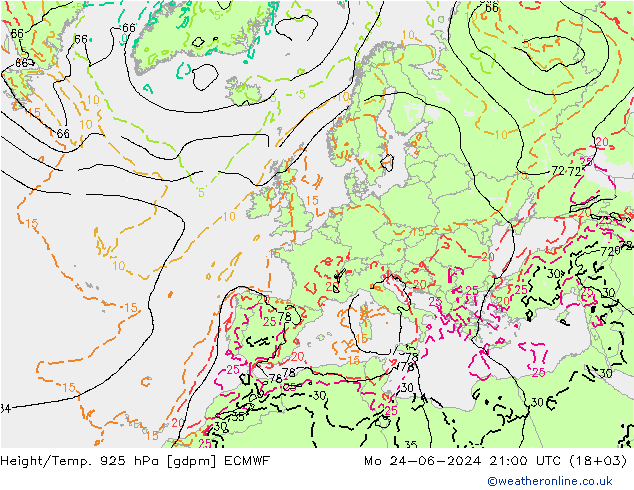 Height/Temp. 925 hPa ECMWF 星期一 24.06.2024 21 UTC