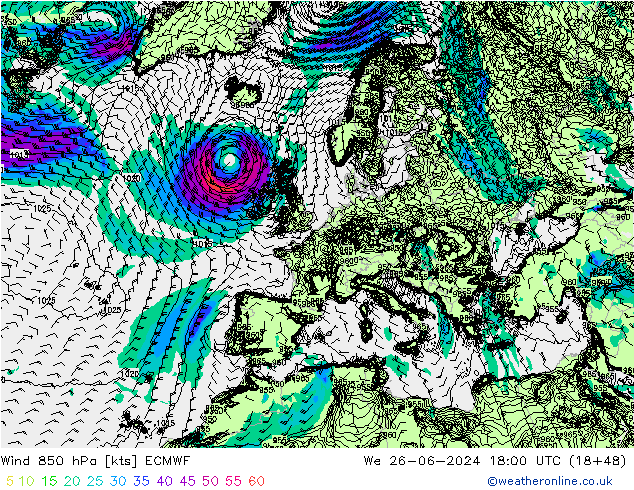 Rüzgar 850 hPa ECMWF Çar 26.06.2024 18 UTC