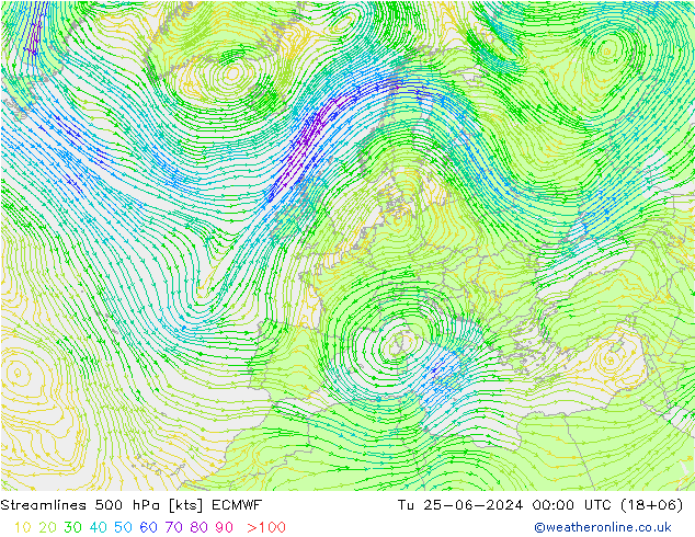 风 500 hPa ECMWF 星期二 25.06.2024 00 UTC