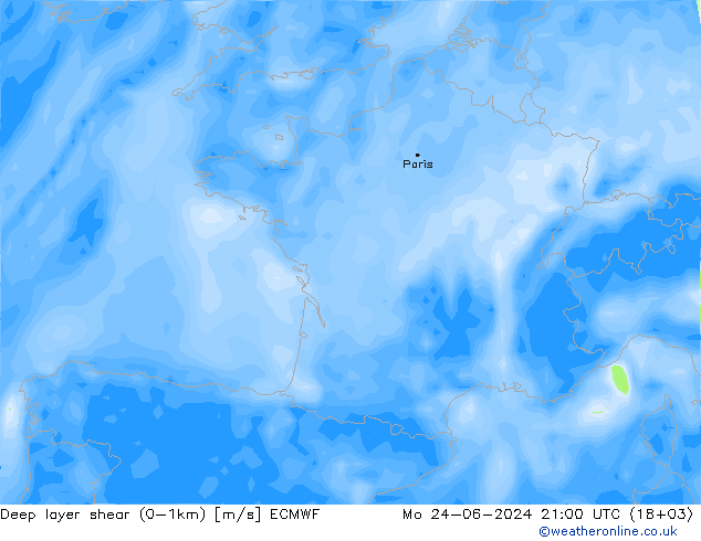 Deep layer shear (0-1km) ECMWF Mo 24.06.2024 21 UTC