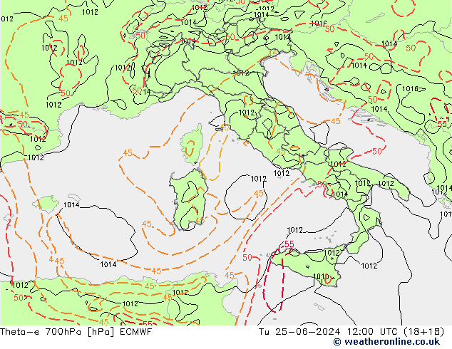 Theta-e 700hPa ECMWF Tu 25.06.2024 12 UTC