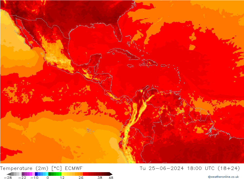 Temperatuurkaart (2m) ECMWF di 25.06.2024 18 UTC