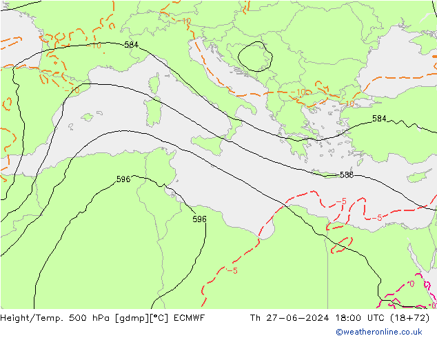 Z500/Rain (+SLP)/Z850 ECMWF jue 27.06.2024 18 UTC