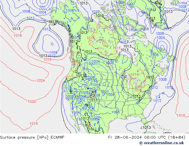 Presión superficial ECMWF vie 28.06.2024 06 UTC