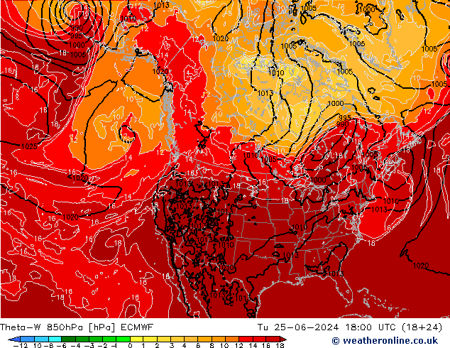 Theta-W 850hPa ECMWF Tu 25.06.2024 18 UTC