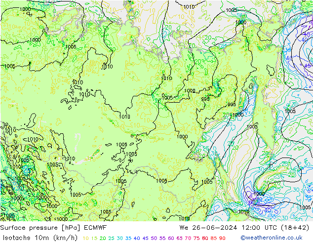 Isotachs (kph) ECMWF mer 26.06.2024 12 UTC