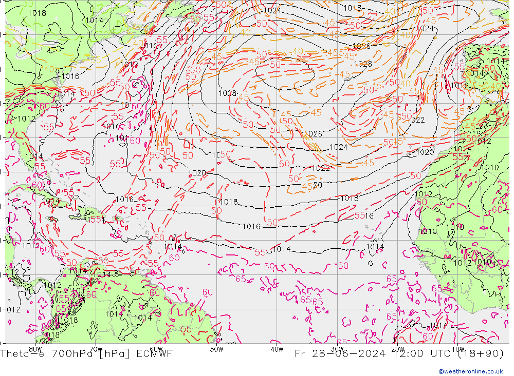 Theta-e 700hPa ECMWF ven 28.06.2024 12 UTC